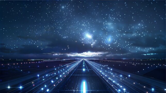 Futuristic starry night sky above a digital runway