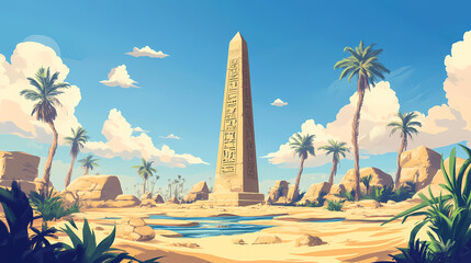 Ancient egyptian hieroglyphic stone tablets. Egyptian Obelisk. Illustration