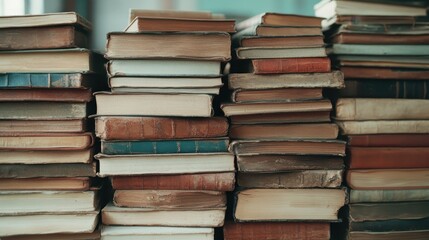 A stack of aged, vintage books with worn covers and spines, exuding a sense of history, knowledge, and a love for traditional literature and education.