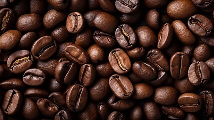 Close-up of roasted coffee bean background, top view and flat.