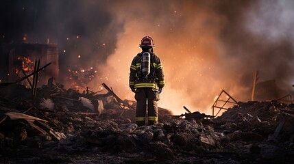 Naklejka premium a firefighter standing in front of a pile of rubble with smoke and fire.