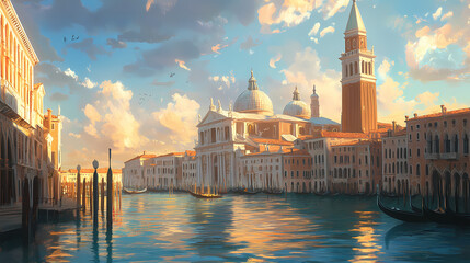 Obraz premium A painting of a city with a large building in the background. Venetian Canal. Illustration