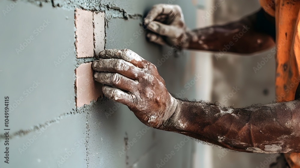Poster Close up view showing a worker s hands meticulously applying adhesive to install new tiles onto a wall during a home renovation or construction project