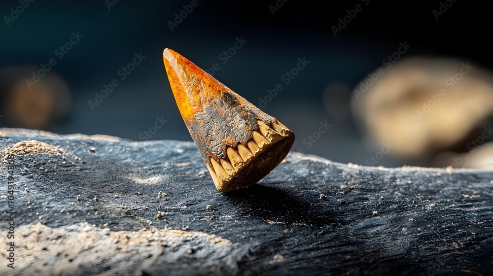 Poster Closeup View of a Fossilized Tooth from the Prehistoric Carcharodontosaurus Dinosaur Captured in Exquisite Detail Showcasing the Intricate Texture and Geological History of This Ancient Artifact