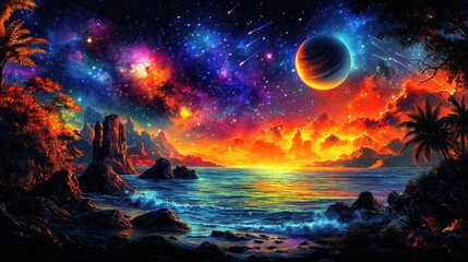 Cosmic Ocean Sunset with Vibrant Galaxy Sky, Colorful Celestial Bodies, Surreal Tropical Landscape, and Lush Palm Trees Under a Starry Night Sky