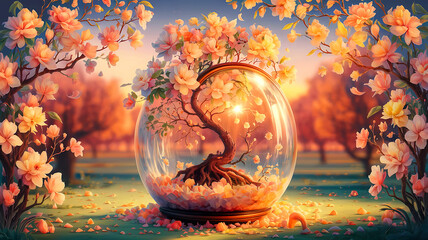 There is a glass ball with a tree of flowers.