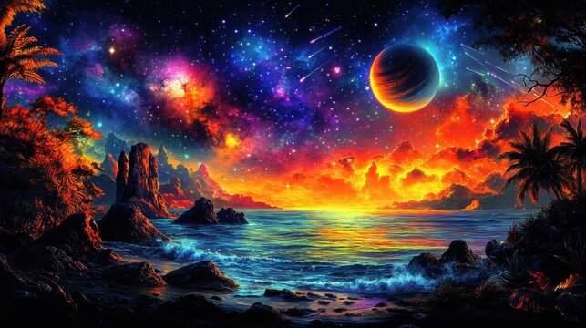 Cosmic Ocean Sunset with Vibrant Galaxy Sky, Colorful Celestial Bodies, Surreal Tropical Landscape, and Lush Palm Trees Under a Starry Night Sky