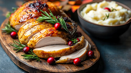 Sliced roasted turkey breast with rosemary and cranberries served with mashed potatoes on a rustic wooden board.