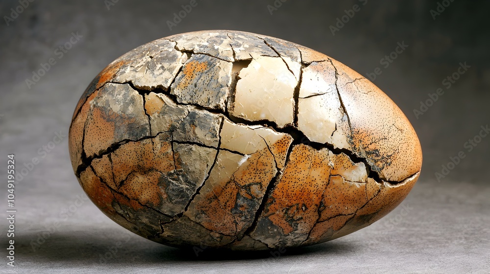 Poster closeup of a fossilized bird egg with small cracks and intricate surface texture revealing the ancie