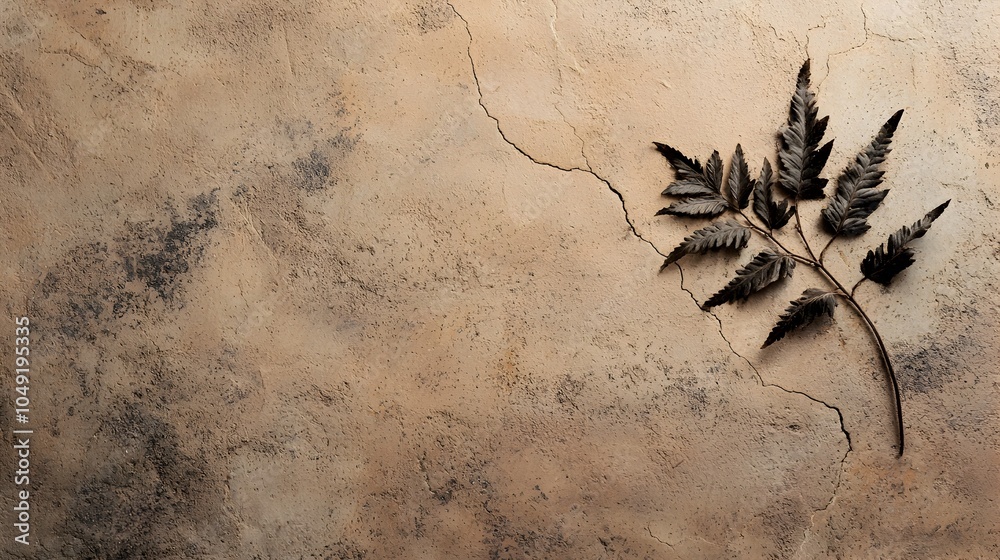 Poster closeup of a fossilized fern leaf with intricate vein patterns preserved in natural and organic text