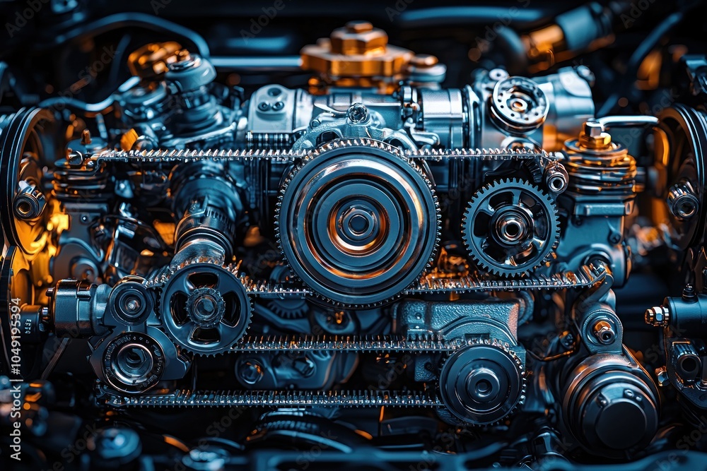 Poster Close-up of a Complex Engine with Timing Belt and Gears