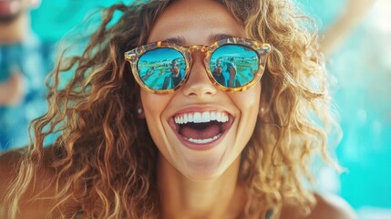 A cheerful woman with curly hair and reflective sunglasses smiles broadly, enjoying a sunny day at the beach, capturing the essence of happiness and leisure.