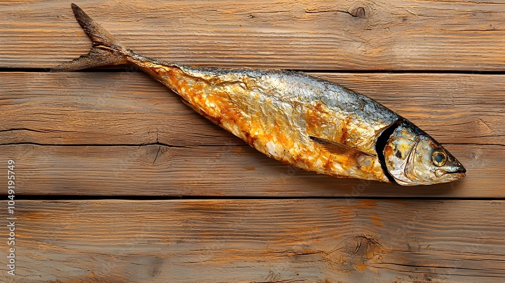 Poster closeup of a freshly prepared smoked mackerel fish placed flat on a plain backdrop with its tail end