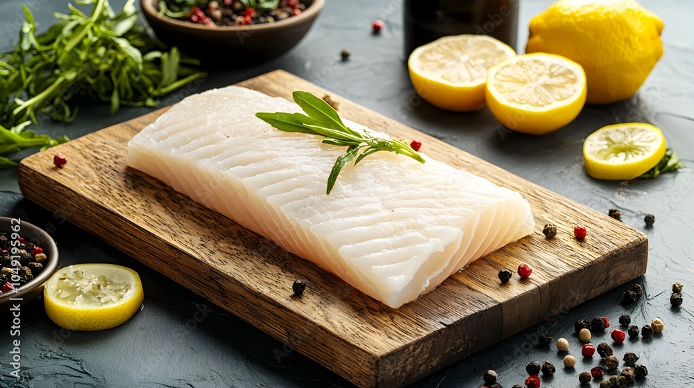 Aufkleber closeup of a raw delicate monkfish fillet with a smooth texture displayed on a plain white backgroun