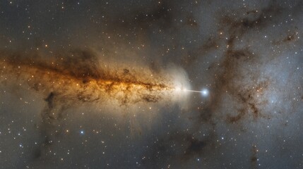 A close-up view of a star cluster, a cosmic cloud of gas and dust, glowing in shades of orange and yellow, surrounded by a dark blue starry sky.