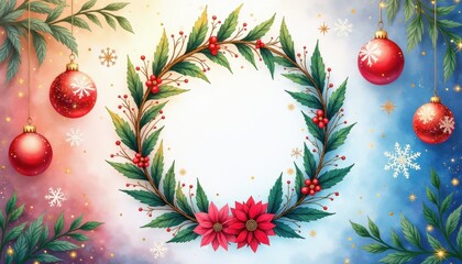 Free copy space in the middle, surrounded with New Year stuff festive wreaths, crystal snowflakes, shiny confetti, copy space