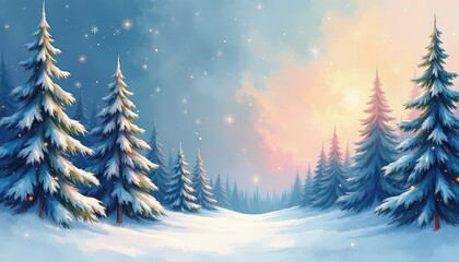 Naklejka premium Free copy space in the middle, surrounded with New Year stuff frosty pine trees, shimmering snowflakes, twinkling lights, copy space