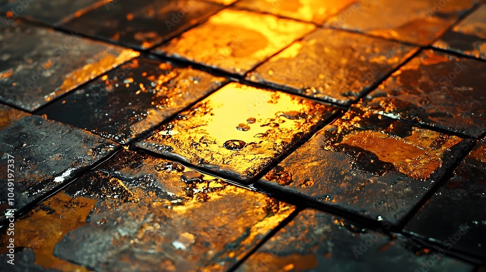 Aufkleber closeup of intricately patterned highly reflective glazed ceramic tiles shimmering under bright insp