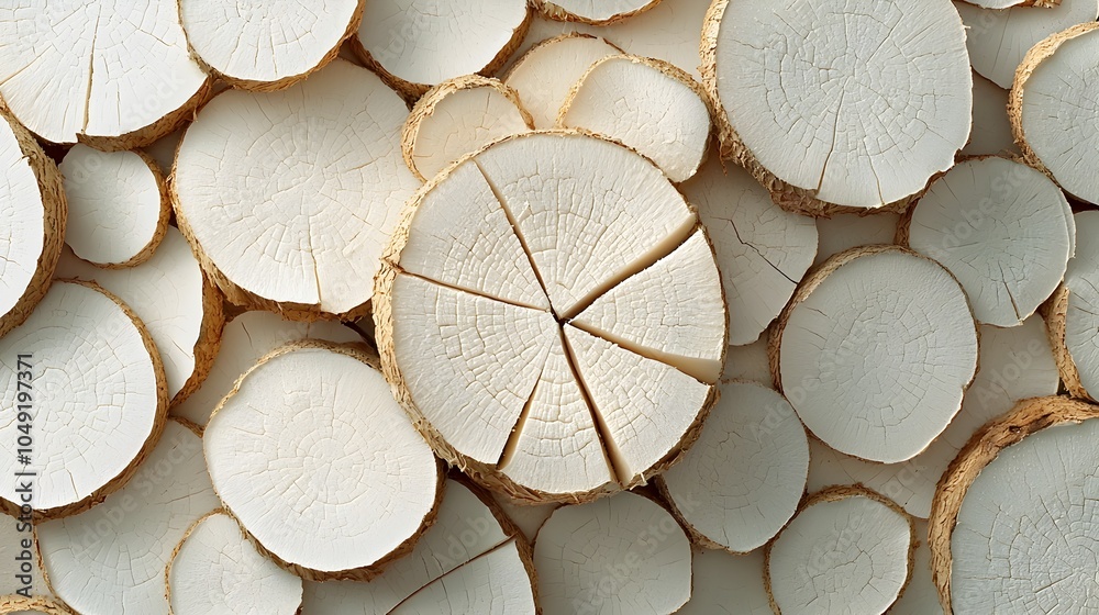 Poster Closeup of sliced cassava root revealing its starchy textured interior against a plain background  The repetitive pattern and stark contrast create a minimalist