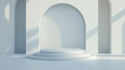 Minimalist White Room with Three-Tiered Circular Platform