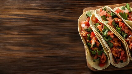 Three tasty tacos, generously filled with juicy meat, fresh tomatoes, and aromatic herbs, creatively arranged on a wooden surface, inviting a culinary indulgence.