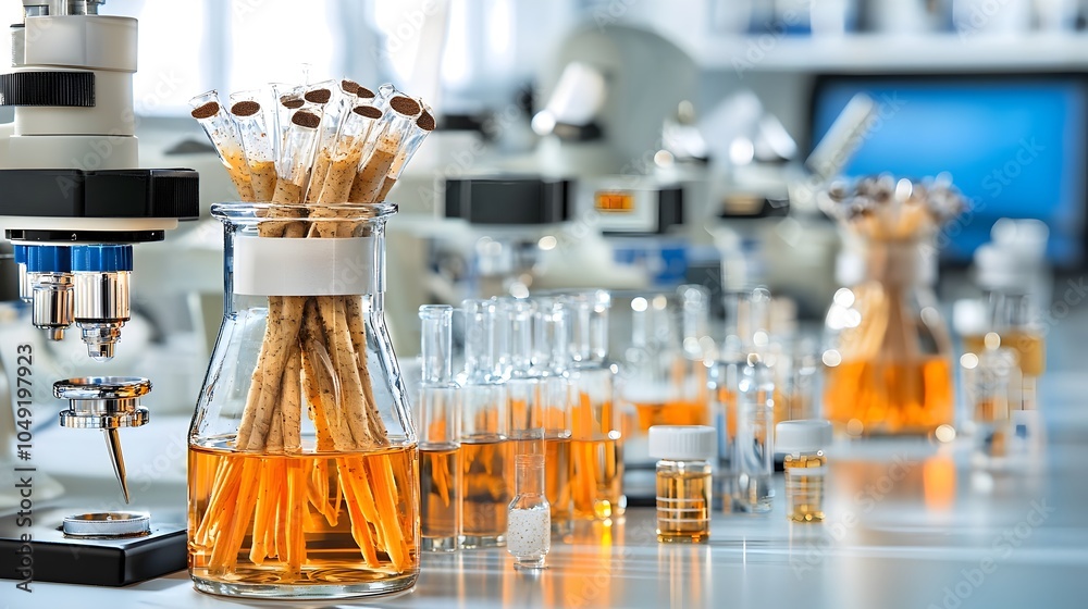 Poster closeup view of a biofuel production process using cassava as the place in a well equipped scientifi