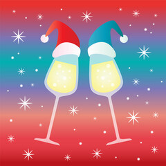 Vector chin chin party illustration. Two wine with christmas hats champagne glasses cheering. New year design
