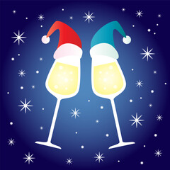 Vector chin chin party illustration. Two wine with christmas hats champagne glasses cheering isolated icon. New year design	
