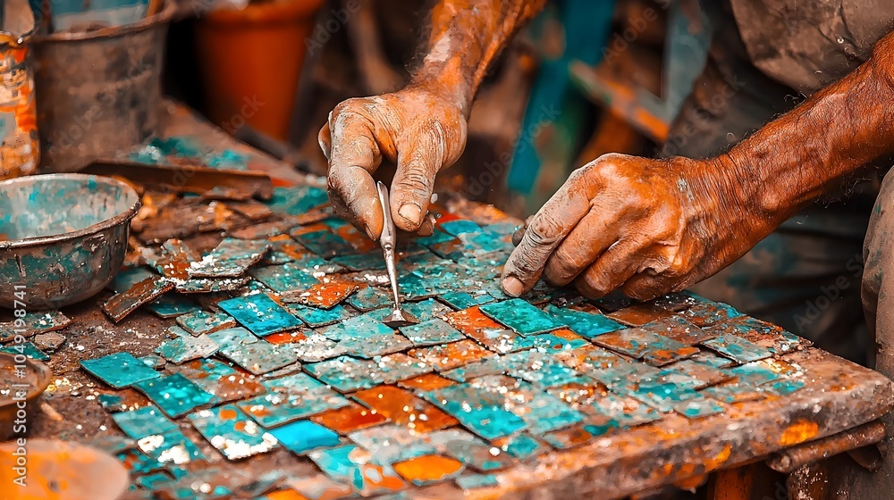 Poster Closeup view of colorful mosaic tiles being carefully and precisely assembled by experienced artisans in a traditional workshop setting