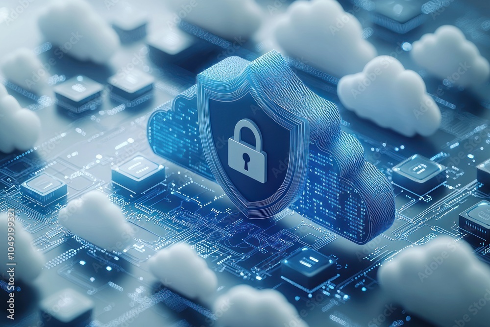Poster Cloud Security with Shield and Lock on Circuit Board