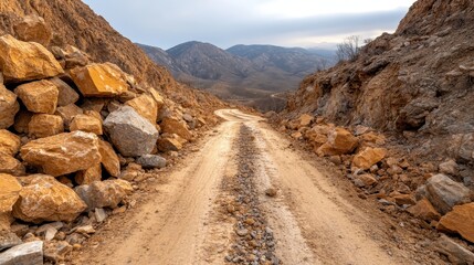 A dusty dirt road traverses through rocky terrain in a hilly landscape, curving gently into the distance amidst arid hills under a bright sky, hinting at exploration.