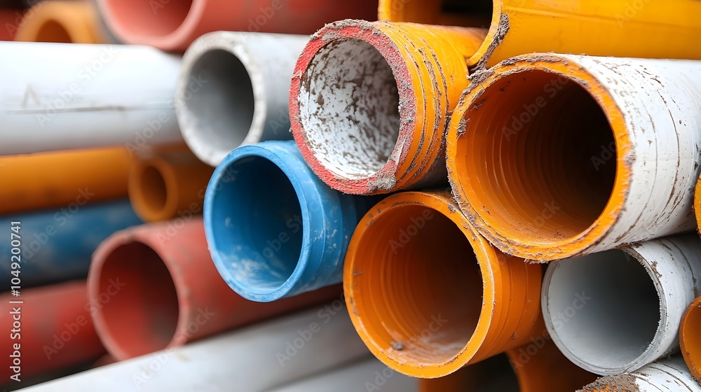 Fototapete colorful pvc piping in various sizes and colors used as part of an irrigation system designed for ag