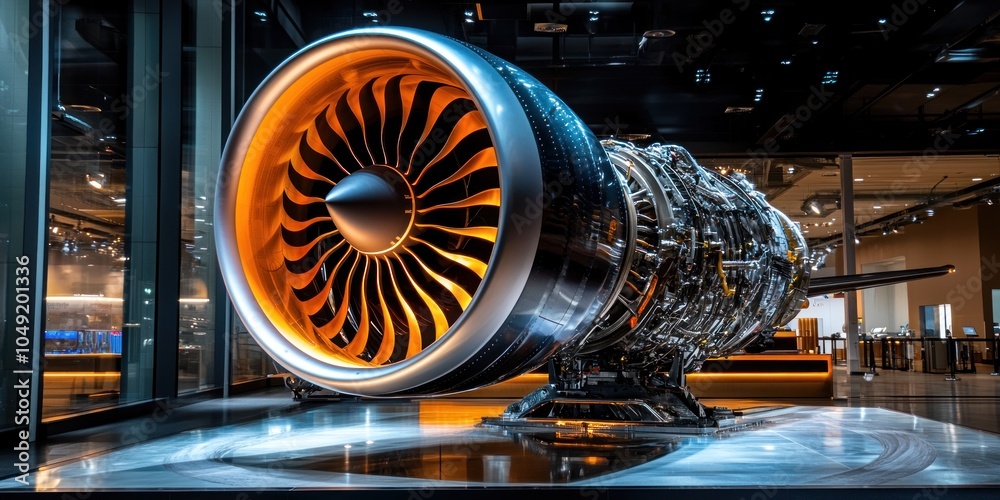 Poster a close-up of a modern airplane engine on display