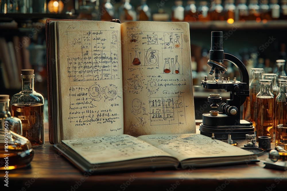 Poster an open book of handwritten notes, a microscope, and flasks of liquid on a wooden table