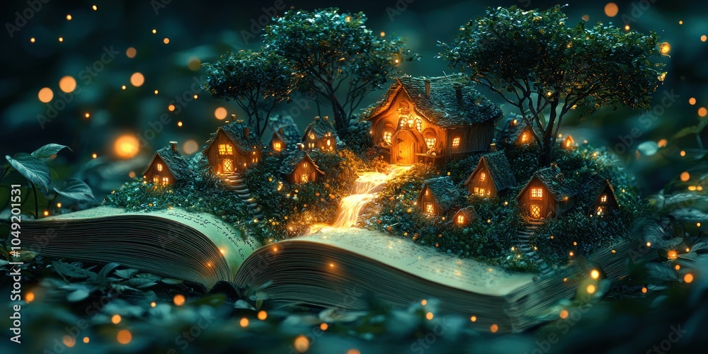 Poster miniature village illuminated on an open book in a dark forest