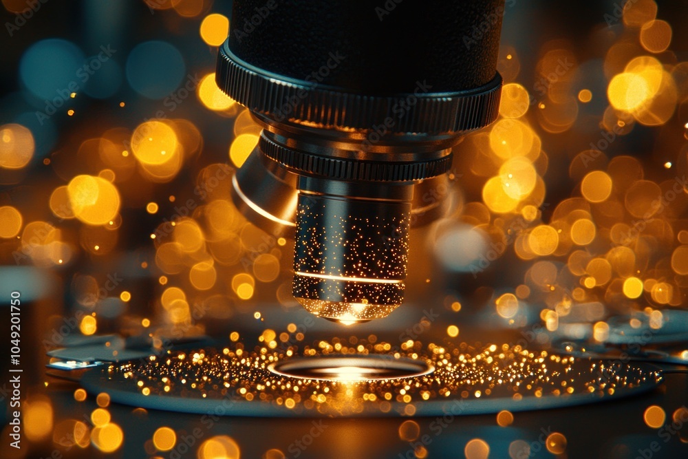 Poster close-up of a microscope lens with golden bokeh