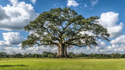Fototapeta premium A majestic, ancient tree with sprawling branches stands tall in a field of green grass under a bright blue sky with puffy white clouds.