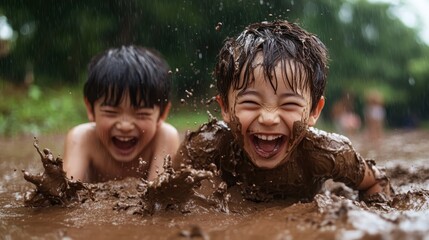 Two young children gleefully splash in muddy water, their faces full of laughter and joy, capturing the purity and excitement of childhood adventures and innocence.