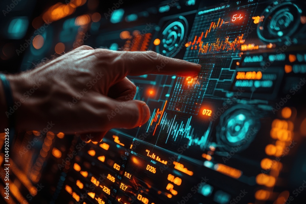 Poster Hand Interacting with a Futuristic Digital Interface Displaying Data