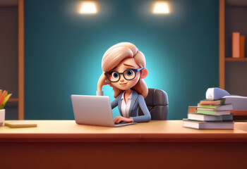 A cartoon woman in a business suit sits at her desk working on a laptop, looking stressed.