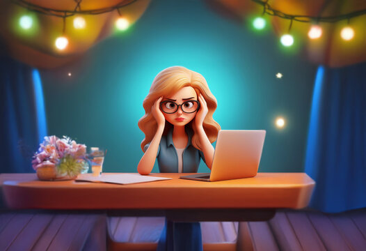A cartoon woman with blonde hair and glasses sits at a desk with a laptop, looking stressed.  There are fairy lights behind her, flowers on the table, and a paper on the desk.  She's wearing a blue de