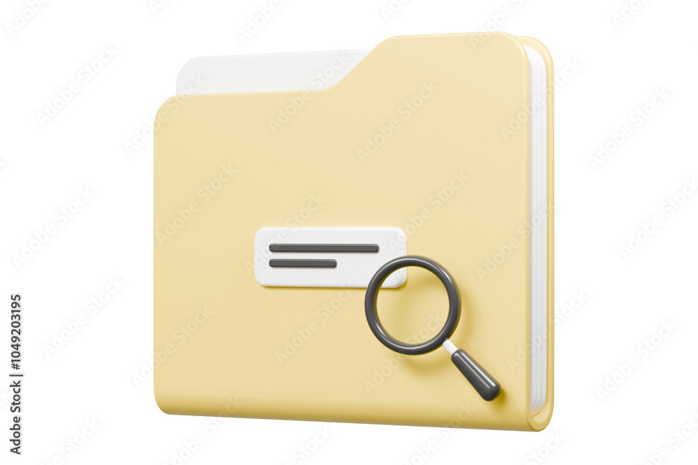 Poster 3d file folder with magnifying glass icon. minimal magnifying glass and folder with files icon isola