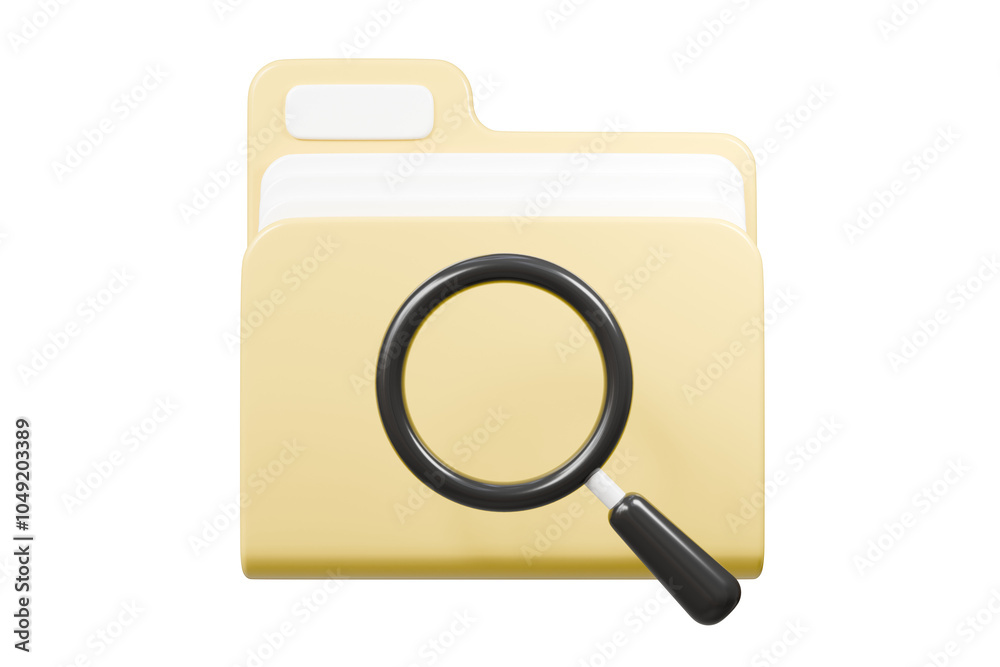 Poster 3d file folder with magnifying glass icon. minimal magnifying glass and folder with files icon isola