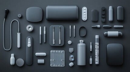 A flat lay of various medical supplies and equipment on a dark background.