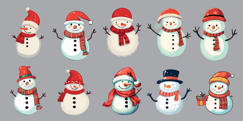 Snowmen collection. Christmas set isolated on a light background. Vector. A group of snowmen wearing red hats and scarves.