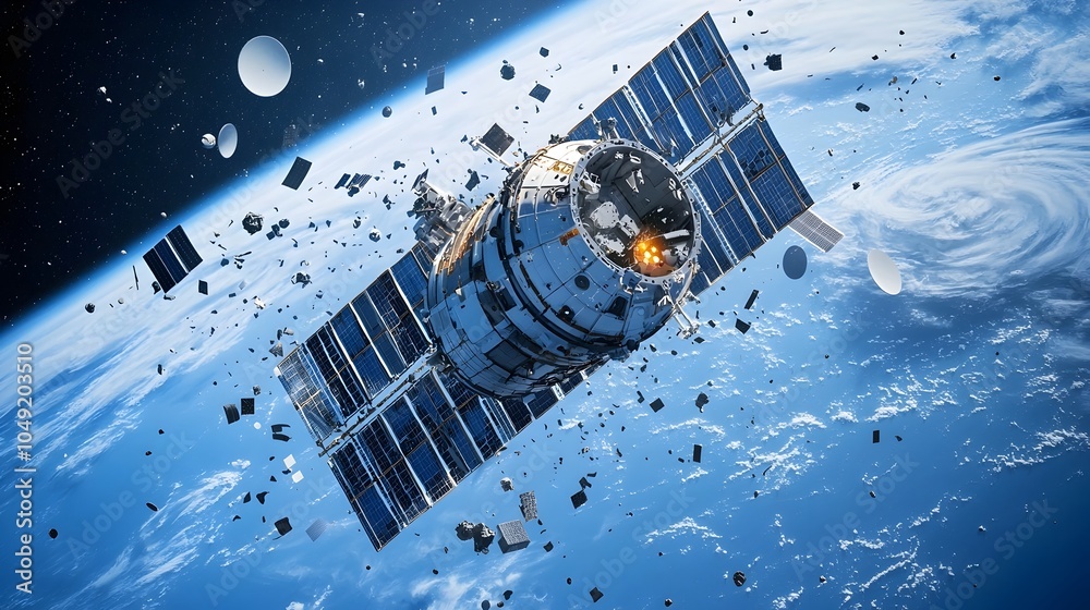 Aufkleber Conceptual image of a future space station with modular design and technology focused on effective debris management and sustainable in the orbital environment