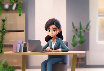 A 3D animated woman with dark hair sits at a desk, looking down at a laptop with a sad expression. She appears to be stressed or overwhelmed.