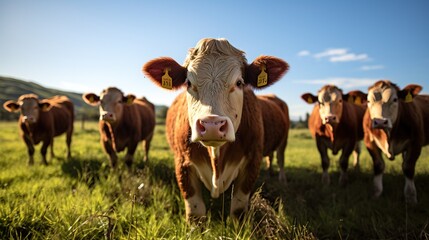 Fototapeta premium A herd of cows grazing in a meadow during summer at sunset