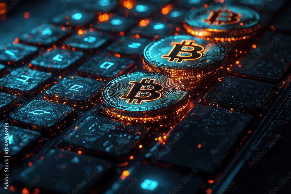 Poster bitcoin cryptocurrency coins on a blue and orange illuminated keyboard