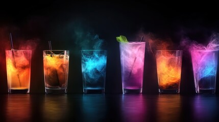 A collection of six vibrant drinks in various colors with smoke effects, showcasing a dynamic and festive themed setup, perfect for celebrating moments of joy.
